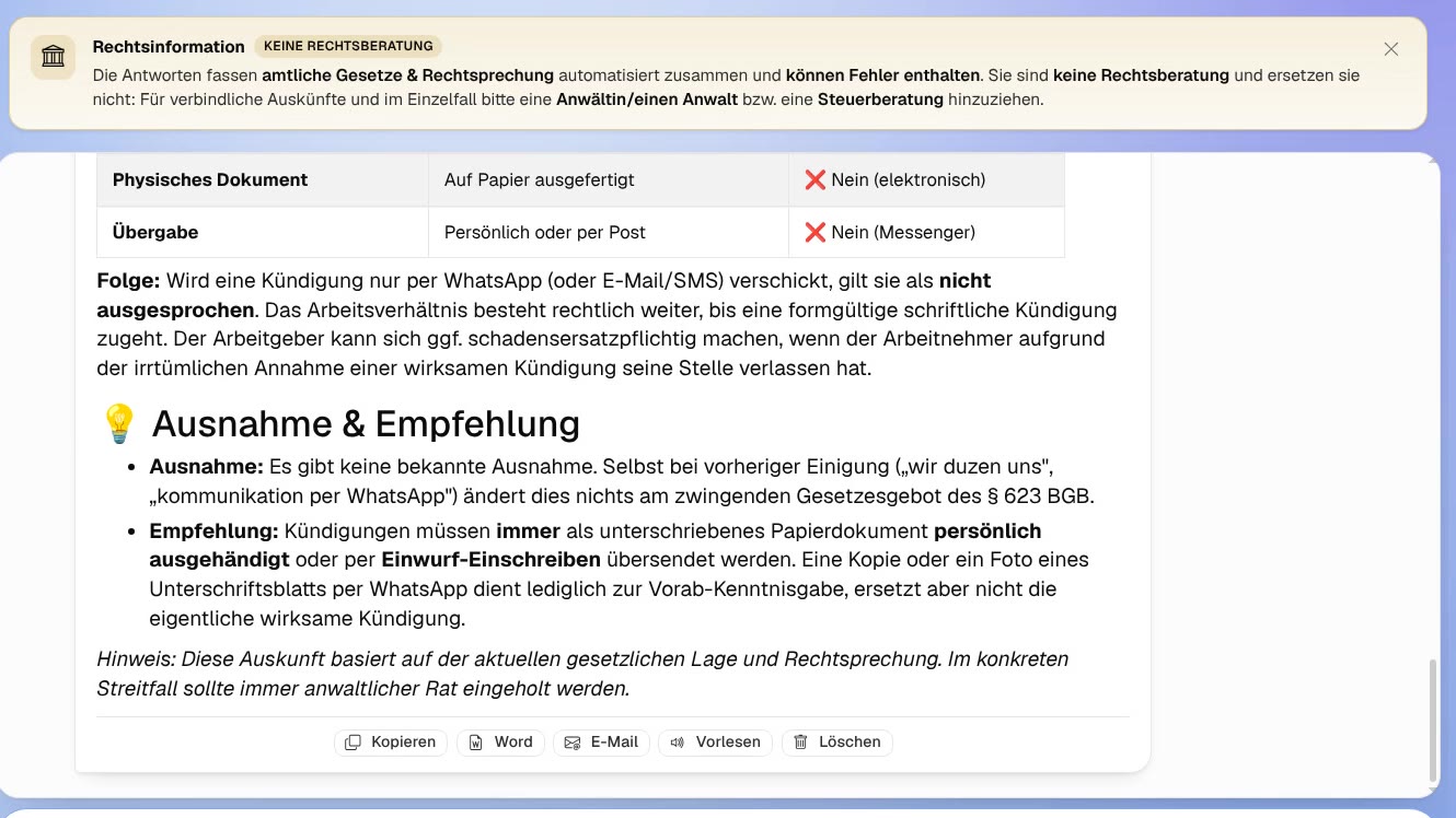 MyKI beantwortet eine Kündigungsfrage mit Verweis auf § 623 BGB, darüber der Hinweis, dass es sich um Rechtsinformation und nicht um Rechtsberatung handelt